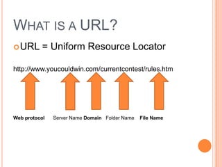 WHAT IS A URL?
 URL      = Uniform Resource Locator

http://www.youcouldwin.com/currentcontest/rules.htm




Web protocol   Server Name Domain Folder Name   File Name
 