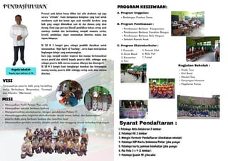 PENDAHULUAN
Prestasi anak bukan hanya dilihat dari nilai akademis tapi juga
secara “attitude”. Kami mempunyai keinginan yang kuat untuk
membantu ayah dan bunda agar anak memiliki karakter yang
baik yang sangat dibutuhkan saat ini dan dimasa yang akan
datang. Kami juga percaya filosofi pendidikan bahwa setiap anak
nantinya tumbuh dan berkembang menjadi manusia cerdas,
kreatif, pembelajar, dapat menemukan identitas makna dan
tujuan hidupnya.
Di SD N 3 Imogiri guru sebagai pendidik diarahkan untuk
menanamkan “High Spirit of Teaching”, serta dapat menciptakan
lingkungan belajar yang menyenangkan.
Guru juga menjadi sumber inspirasi dan mampu berkomunikasi
secara positif dan efektif kepada peserta didik, sehingga anak
sebagai peserta didik merasa nyaman, dihargai dan dimengerti.
Di SD N 3 Imogiri kami menghargai keunikan dan kemampuan
masing-masing peserta didik sehingga setiap anak akan merasa
diterima.
Terwujudnya peserta ddik yang berakhlaq
mulia, Berbudaya, Berprestasi, Terampil,
dan Mandiri.” (Bertema)
Mewujudkan Profil Pelajar Pancasila
Mewujudkan sekolah berbasis budaya
Mengoptimalkan pembelajaran dengan pendekatan Pakem-TI
Menyelenggarakan kegiatan ekstrakurikuler sesuai minat, bakat, dan kemampuan
Menanamkan perilaku mandiri, disiplin, peduli, dan tanggung jawab terhadap lingkungan
peserta didik yang berbasis budaya dan kearifan local
1. Fotokopi Akta kelahiran 2 lembar.
2. Fotokopi KK 2 lembar
3. Mengisi Formulir Pendaftaran (disediakan sekolah)
4. Fotokopi KIP/Kartu Indonesia Pintar (jika punya)
5. Fotokopi kartu jaminan kesehatan (jika punya)
6. Pas Foto 3 x 4 (2 lembar).
7. Fotokopi Ijazah TK (jika ada)
Syarat Pendaftaran :
PROGRAMKESISWAAN:
A. Program Unggulan:
Bimbingan Prestasi Siswa
B. Program Pembiasaan :
Pembiasaan Berbasis Keagamaan
Pembiasaan Berbasis Karakter Bangsa
Pembiasaan Berbasis Bela Negara
Sekolah Ramah Anak
C. Program Ekstrakurikuler :
1. Pramuka
2. Drum Band
3. Karawitan
4. Tari
5. Pencak Silat
6. Bola Voli
7. Futsal
VISI
MISI
Kegiatan Sekolah :
Study Tour
Out Bond
Market Day
Kunjungan Museum
Pagelaran Karya
KepalaSekolah
Bapak Agus Sulistyo, S.Pd.
 