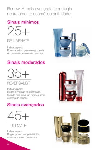 4
Sinais mínimos
25+
REJUVENATE
Indicada para:
Poros abertos, pele oleosa, perda
de vitalidade e sinais de cansaço
Sinais moderados
35+
REVERSALIST
Indicada para:
Rugas e marcas de expressão,
tom de pele irregular, marcas senis
e perda de firmeza
Sinais avançados
45+
ULTIMATE
Indicada para:
Rugas profundas, pele flácida,
ressecada e com manchas
Renew. A mais avançada tecnologia
no tratamento cosmético anti-idade.
 