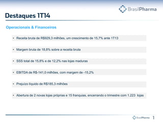 Operacionais & Financeiros
• Receita bruta de R$929,3 milhões, um crescimento de 15,7% ante 1T13
• Margem bruta de 18,8% sobre a receita bruta
• SSS total de 15,8% e de 12,2% nas lojas maduras
• EBITDA de R$-141,0 milhões, com margem de -15,2%
• Prejuízo líquido de R$185,3 milhões
• Abertura de 2 novas lojas próprias e 15 franquias, encerrando o trimestre com 1.223 lojas
 