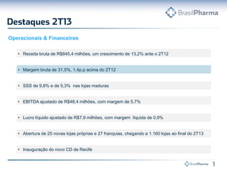 Operacionais & Financeiros
• Receita bruta de R$845,4 milhões, um crescimento de 13,2% ante o 2T12
• Margem bruta de 31,5%, 1,4p.p acima do 2T12
• SSS de 9,8% e de 5,3% nas lojas maduras
• EBITDA ajustado de R$48,4 milhões, com margem de 5,7%
• Lucro líquido ajustado de R$7,9 milhões, com margem líquida de 0,9%
• Abertura de 25 novas lojas próprias e 27 franquias, chegando a 1.160 lojas ao final do 2T13
• Inauguração do novo CD de Recife
 