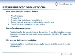Maior especialização e reforço do time:
• Área financeira;
• Área de RH;
• Área Jurídica (trabalhista / imobiliário) e
• Time comercial (maior especialização / competências);
• Criação da área de inteligência competitiva;
Gestão focada em resultados:
• Reestruturação de agenda interna de reuniões / comitês focados no core
business (resultado, investimentos, caixa, comercial, tributário, TI, prevenção
de perdas);
Alinhamento do time aos resultados:
• Reestruturação do modelo de remuneração visando o alinhamento do médio
e longo prazo;
 