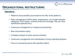 Operations: 
•Platforms Accountability (accounted for the P&L of the platform); 
•Daily management of KPIs (sales, progressions, mix of sales between categories, POS margin, inventory level and shrinkage, P&L per store, operational expenses etc.); 
•Continuous management of headcount productivity; 
•New remuneration policy; 
•Complete analysis of active service contracts; 
•Continuous management and centralization of every spending decision; 
•Focus on recovering stores with operation deficit;  