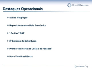  Status Integração
 Reposicionamento Mais Econômica
 “Go Live” SAP
 2º Emissão de Debentures
 Prêmio “Melhores na Gestão de Pessoas”

 Nova Vice-Presidência

 