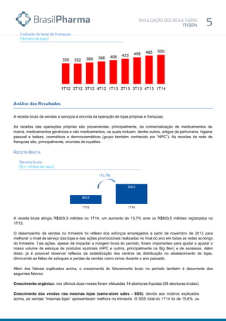 A receita bruta de vendas e serviços é oriunda da operação de lojas próprias e franquias.
As receitas das operações próprias são provenientes, principalmente, da comercialização de medicamentos de
marca, medicamentos genéricos e não medicamentos, os quais incluem, dentre outros, artigos de perfumaria, higiene
pessoal e beleza, cosméticos e dermocosméticos (grupo também conhecido por “HPC”). As receitas da rede de
franquias são, principalmente, oriundas de royalties.
A receita bruta atingiu R$929,3 milhões no 1T14, um aumento de 15,7% ante os R$803,5 milhões registrados no
1T13.
O desempenho de vendas no trimestre foi reflexo dos esforços empregados a partir de novembro de 2013 para
melhorar o nível de serviço das lojas e das ações promocionais realizadas no final do ano em todas as redes ao longo
do trimestre. Tais ações, apesar de impactar a margem bruta do período, foram importantes para ajudar a ajustar o
nosso volume de estoque de produtos sazonais (HPC e outros, principalmente na Big Ben) e de excessos. Além
disso, já é possível observar reflexos da estabilização dos centros de distribuição no abastecimento de lojas,
diminuindo as faltas de estoques e perdas de vendas como vimos durante o ano passado.
Além dos fatores explicados acima, o crescimento do faturamento bruto no período também é decorrente dos
seguintes fatores:
Crescimento orgânico: nos últimos doze meses foram efetuadas 14 aberturas líquidas (58 aberturas brutas);
Crescimento das vendas nas mesmas lojas (same-store sales - SSS): devido aos motivos explicados
acima, as vendas “mesmas lojas” apresentaram melhora no trimestre. O SSS total do 1T14 foi de 15,8%, ou
 