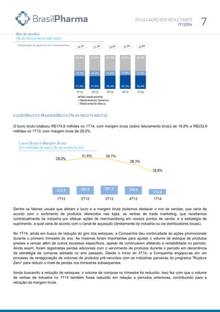 O lucro bruto totalizou R$174,8 milhões no 1T14, com margem bruta (sobre faturamento bruto) de 18,8% e R$232,9
milhões no 1T13, com margem bruta de 29,0%.
Dentre os fatores usuais que afetam o lucro e a margem bruta podemos destacar o mix de vendas, que varia de
acordo com o sortimento de produtos oferecidos nas lojas; as verbas de trade marketing, que recebemos
contratualmente da indústria por efetuar ações de merchandising em nossos pontos de venda; e a estratégia de
suprimento, a qual varia de acordo com o canal de aquisição (diretamente da indústria ou via distribuidores locais).
No 1T14, ainda em busca da redução do giro dos estoques, a Companhia deu continuidade às ações promocionais
durante o primeiro trimestre do ano. As mesmas foram importantes para ajustar o volume de estoque de produtos
prestes a vencer além de outros excessos específicos, apesar de continuarem afetando a rentabilidade no período.
Ainda assim, foram registradas perdas adicionais com o vencimento de produtos durante o período em decorrência
da estratégia de compras adotada no ano passado. Desde o início do 2T14, a Companhia engajou-se em um
processo de renegociação de volumes de produtos pré-vencidos com as indústrias parceiras do programa “Ruptura
Zero” para reduzir o nível de perdas nos trimestres subsequentes.
Ainda buscando a redução de estoques, o volume de compras no trimestre foi reduzido. Isso fez com que o volume
de verbas da indústria no 1T14 também fosse reduzido em relação a períodos anteriores, contribuindo para a
retração da margem bruta.
Participação de genéricos em medicamentos
 