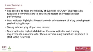 13
Conclusions
• It is possible to raise the visibility of livestock in CAADP BR process by
tweaking a few indicators to i...