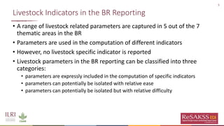 5
Livestock Indicators in the BR Reporting
• A range of livestock related parameters are captured in 5 out of the 7
thematic areas in the BR
• Parameters are used in the computation of different indicators
• However, no livestock specific indicator is reported
• Livestock parameters in the BR reporting can be classified into three
categories:
• parameters are expressly included in the computation of specific indicators
• parameters can potentially be isolated with relative ease
• parameters can potentially be isolated but with relative difficulty
 