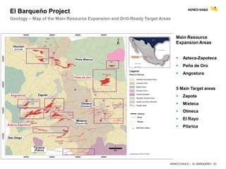 AGNICO EAGLE | EL BARQUEÑO | 23
Geology – Map of the Main Resource Expansion and Drill-Ready Target Areas
Main Resource
Expansion Areas
 Azteca-Zapoteca
 Peña de Oro
 Angostura
5 Main Target areas
 Zapote
 Mixteca
 Olmeca
 El Rayo
 Pilarica
El Barqueño Project
 