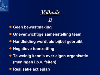 Valkuilen Geen bewustmaking Onevenwichtige samenstelling team Handleiding wordt als bijbel gebruikt Negatieve toonzetting Te weinig kennis over eigen organisatie (meningen i.p.v. feiten) Realisatie actieplan 