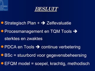 BESLUIT Strategisch Plan +    Zelfevaluatie Procesmanagement en TQM Tools    sterktes en zwaktes PDCA en Tools    continue verbetering BSc = stuurbord voor gegevensbeheersing EFQM model = soepel, krachtig, methodisch 