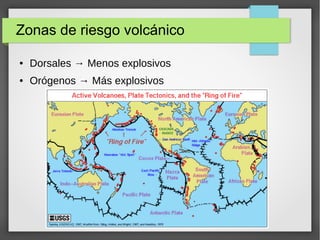 Zonas de riesgo volcánico
● Dorsales → Menos explosivos
● Orógenos → Más explosivos
 