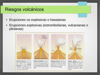 Riesgos volcánicos
● Erupciones no explosivas o hawaianas
● Erupciones explosivas (estrombolianas, vulcanianas o
plinianas)
 