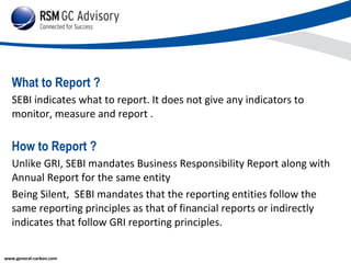 What to Report ?
SEBI indicates what to report. It does not give any indicators to
monitor, measure and report .

How to R...