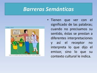 Barreras Semánticas
• Tienen que ver con el
significado de las palabras;
cuando no precisamos su
sentido, éstas se prestan a
diferentes interpretaciones
y así el receptor no
interpreta lo que dijo el
emisor, sino lo que su
contexto cultural le indica.
 