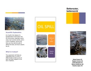 Betterwater,
                                                         betterworld




                                       OIL SPILL
Scientific Explanation
An oil spill is the release of a
liquidpetroleum hydrocarbon into
the environment, especially marine           Difficult
areas, due to human activity, and is            to
a form of pollution. And we will              clean.
show you how does the spill oil
affects the birds, and how to absorb
the oil.



What is it about?                            Harm
                                             birds.
This experiment will help you
understand why it is such a
difficult task to clean up an oil
spill, and what happens to the                                  Diana Cueva #5
bird´s feathers.                                               Regina Cuevas #6
                                                               Carla Decanini #7
                                                              Bianca Gutiérrez #8
                                                               Paulina López #9
 