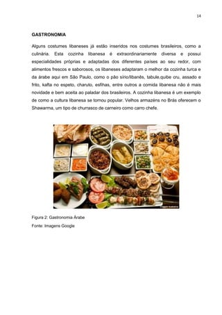 14



GASTRONOMIA

Alguns costumes libaneses já estão inseridos nos costumes brasileiros, como a
culinária.   Esta   cozinha   libanesa   é   extraordinariamente   diversa   e   possui
especialidades próprias e adaptadas dos diferentes países ao seu redor, com
alimentos frescos e saborosos, os libaneses adaptaram o melhor da cozinha turca e
da árabe aqui em São Paulo, como o pão sírio/libanês, tabule,quibe cru, assado e
frito, kafta no espeto, charuto, esfihas, entre outros a comida libanesa não é mais
novidade e bem aceita ao paladar dos brasileiros. A cozinha libanesa é um exemplo
de como a cultura libanesa se tornou popular. Velhos armazéns no Brás oferecem o
Shawarma, um tipo de churrasco de carneiro como carro chefe.




Figura 2: Gastronomia Árabe

Fonte: Imagens Google
 