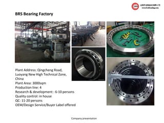 Company presentation
Plant Address: Qingcheng Road,
Luoyang New High Technical Zone,
China
Plant Area: 3000sqm
Production line: 4
Research & development : 6-10 persons
Quality control: in house
QC: 11-20 persons
OEM/Design Service/Buyer Label offered
BRS Bearing Factory
 