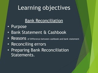 Bank Reconciliation
• Purpose
• Bank Statement & Cashbook
• Reasons of Difference between cashbook and bank statement
• Reconciling errors
• Preparing Bank Reconciliation
Statements.
Learning objectives
 
