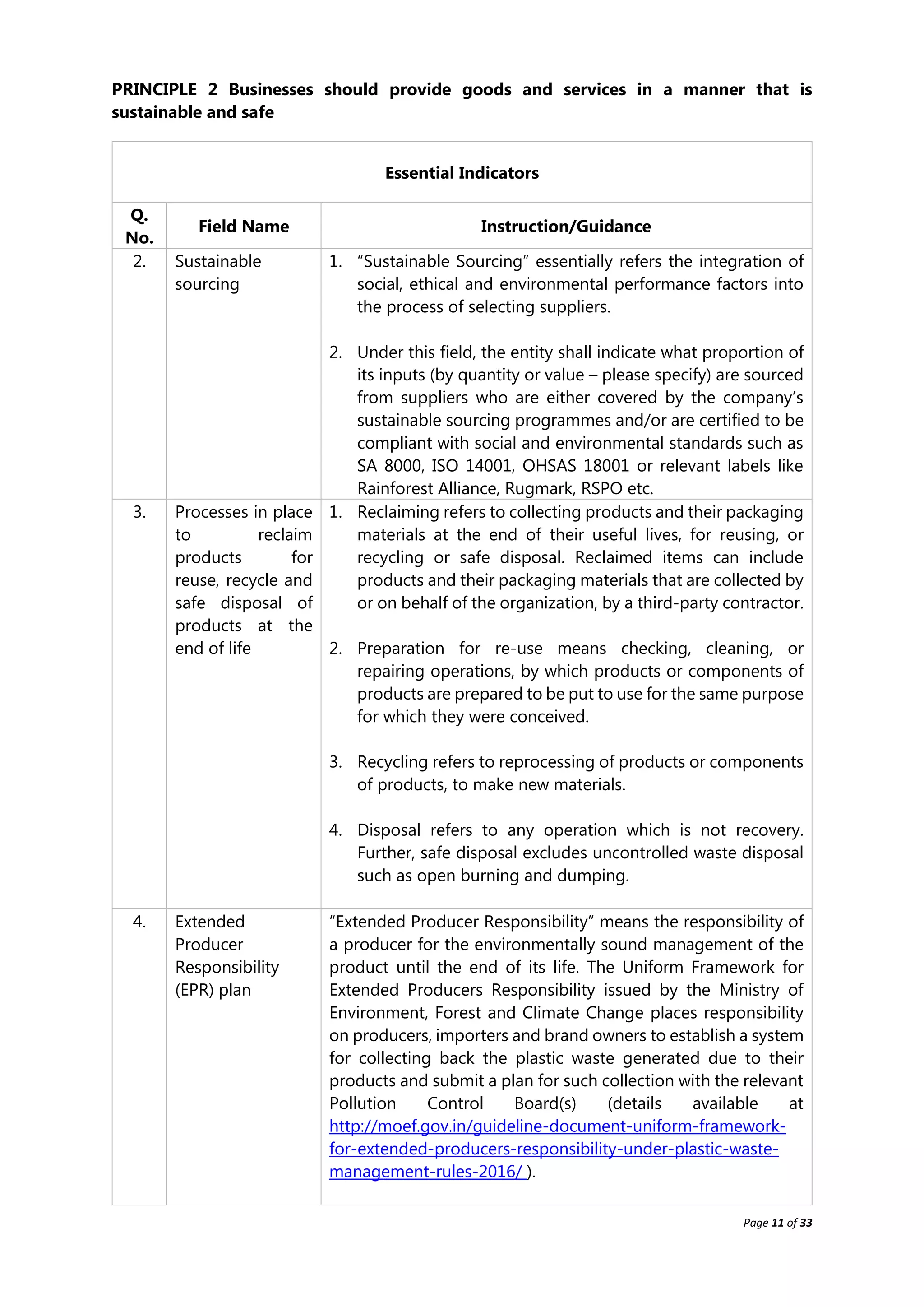 Page 11 of 33
PRINCIPLE 2 Businesses should provide goods and services in a manner that is
sustainable and safe
Essential Indicators
Q.
No.
Field Name Instruction/Guidance
2. Sustainable
sourcing
1. “Sustainable Sourcing” essentially refers the integration of
social, ethical and environmental performance factors into
the process of selecting suppliers.
2. Under this field, the entity shall indicate what proportion of
its inputs (by quantity or value – please specify) are sourced
from suppliers who are either covered by the company’s
sustainable sourcing programmes and/or are certified to be
compliant with social and environmental standards such as
SA 8000, ISO 14001, OHSAS 18001 or relevant labels like
Rainforest Alliance, Rugmark, RSPO etc.
3. Processes in place
to reclaim
products for
reuse, recycle and
safe disposal of
products at the
end of life
1. Reclaiming refers to collecting products and their packaging
materials at the end of their useful lives, for reusing, or
recycling or safe disposal. Reclaimed items can include
products and their packaging materials that are collected by
or on behalf of the organization, by a third-party contractor.
2. Preparation for re-use means checking, cleaning, or
repairing operations, by which products or components of
products are prepared to be put to use for the same purpose
for which they were conceived.
3. Recycling refers to reprocessing of products or components
of products, to make new materials.
4. Disposal refers to any operation which is not recovery.
Further, safe disposal excludes uncontrolled waste disposal
such as open burning and dumping.
4. Extended
Producer
Responsibility
(EPR) plan
“Extended Producer Responsibility” means the responsibility of
a producer for the environmentally sound management of the
product until the end of its life. The Uniform Framework for
Extended Producers Responsibility issued by the Ministry of
Environment, Forest and Climate Change places responsibility
on producers, importers and brand owners to establish a system
for collecting back the plastic waste generated due to their
products and submit a plan for such collection with the relevant
Pollution Control Board(s) (details available at
http://moef.gov.in/guideline-document-uniform-framework-
for-extended-producers-responsibility-under-plastic-waste-
management-rules-2016/ ).
 