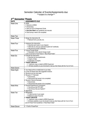 Semester Calendar of Events/Assignments due<br />**subject to change**<br />2nd Semester Thesis<br />DATEASSIGNMENTS DUEWeek OneNONEWelcome to BRSSIntroductionsHand out CD’s & Assignment GuideQuiz Next Week over guidelines and manualsGoal Survey’s need to be completedWeek TwoWeek ThreeDesign the Intervention #2Relevant forms, job aids, etc.Week FourImplement the InterventionDescribe each levels in your diagramWhat did you and your graduate student do? (methods)Why did you do this? (methods)Week FiveCultural Change ModelDescription of the cultural change modelLook at Job Aid for Final Thesis in “Must Read Folder”Week SixEvaluate the InterventionDescribe the AccomplishmentsGraphs of DataExplanation of GraphsTHESIS TURN IN #11 electronic copy e-mailed to BRSS Supervisor All thesis students on your list should e-mail you their thesis with the Turn-In FormWeek SevenWeek EightYour thesis will be e-mailed back to you todayE-mail UG theses back with suggested revisionsRevisions are due next weekRecycle of 1st SemesterDisconnectsDisconnects that remain to be completedRecycle of Second SemesterDisconnectsDisconnects that remain to be completedWeek NinePersonal Experience & ConclusionsHow did you like PSY 499?How did you like your System?AppendicesWeek TenBibliography5 cited sources in your paper Reference page of sourcesTHESIS TURN IN #21 electronic copy e-mailed to BRSS SupervisorAll thesis students on your list should e-mail you their thesis with the Turn-In FormLook At Power Point Guidelines in “Must Read Folder”Week Eleven1st Draft of PowerPointYour thesis will be e-mailed back to you today with Expected revisionsE-Mail UG Theses back with suggested revisionsWeek Twelve2nd Draft of PowerPointRevise Thesis & Turn-InWeek ThirteenContinue working on your PowerPointFinalize your thesisPrint and Bing your ThesisWeek FourteenOrals Rehearsal-Final PowerPoint with music dueWeek FifteenBRSS Orals, Time and Room TBA<br />1st Semester Thesis<br />,[object Object]