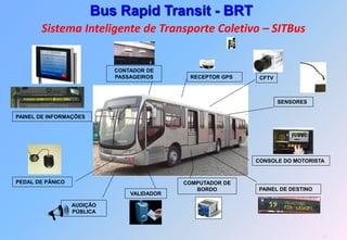 Bus Rapid Transit - BRT
       Sistema Inteligente de Transporte Coletivo – SITBus


                            CONTADOR DE
                            PASSAGEIROS      RECEPTOR GPS    CFTV



                                                                    SENSORES

PAINEL DE INFORMAÇÕES




                                                            CONSOLE DO MOTORISTA


PEDAL DE PÂNICO                             COMPUTADOR DE
                                               BORDO         PAINEL DE DESTINO
                                VALIDADOR



         
                  AUDIÇÃO
                  PÚBLICA



                                                                                 13
 