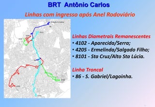 BRT Antônio Carlos
Linhas com ingresso após Anel Rodoviário


                 Linhas Diametrais Remanescentes
                 • 4102 - Aparecida/Serra;
                 • 4205 - Ermelinda/Salgado Filho;
                 • 8101 - Sta Cruz/Alto Sta Lúcia.

                 Linha Troncal
                 • 86 - S. Gabriel/Lagoinha.




                                               33
 