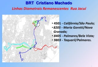 BRT Cristiano Machado
Linhas Diametrais Remanescentes Rua Jacuí


                      • 4501 - Califórnia/São Paulo;
                      • 8205 - Maria Goretti/Nova
                        Granada;
                      • 8405 - Palmares/Bela Vista;
                      • 9803 - Taquaril/Palmares.




                                                 59
 