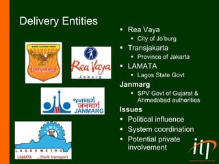 Delivery Entities Rea Vaya City of Jo’burg Transjakarta Province of Jakarta LAMATA Lagos State Govt Janmarg SPV Govt of Gujarat & Ahmedabad authorities Issues Political influence System coordination Potential private involvement 