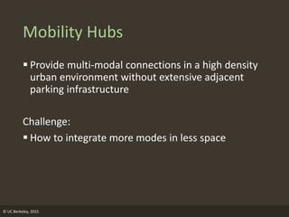Mobility Hubs
 Provide multi-modal connections in a high density
urban environment without extensive adjacent
parking infrastructure
Challenge:
 How to integrate more modes in less space
© UC Berkeley, 2015
 
