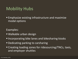 Mobility Hubs
 Emphasize existing infrastructure and maximize
modal options
Examples:
 Walkable urban design
 Incorporating bike lanes and bikesharing kiosks
 Dedicating parking to carsharing
 Creating loading zones for ridesourcing/TNCs, taxis,
and employer shuttles
© UC Berkeley, 2015
 