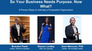 So Your Business Needs Purpose. Now
What?
5 Proven Steps to Activate a Purposeful Organization
Brandon Peele
Author, Planet on Purpose
Shavon Lindley
CEO, ion Learning
Zach Mercurio, PhD
Author, The Invisible Leader
 
