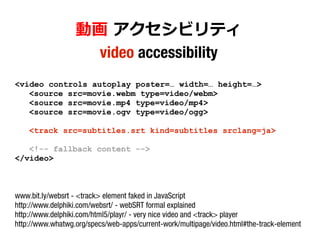 動画 アクセシビリティ
video accessibility
<video controls autoplay poster=… width=… height=…>
<source src=movie.webm type=video/webm>
<source src=movie.mp4 type=video/mp4>
<source src=movie.ogv type=video/ogg>
<track src=subtitles.srt kind=subtitles srclang=ja>
<!-- fallback content -->
</video>
www.bit.ly/websrt - <track> element faked in JavaScript
http://www.delphiki.com/websrt/ - webSRT formal explained
http://www.delphiki.com/html5/playr/ - very nice video and <track> player
http://www.whatwg.org/specs/web-apps/current-work/multipage/video.html#the-track-element
 