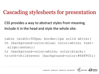 Cascading stylesheets for presentation
CSS provides a way to abstract styles from meaning.
Include it in the head and style the whole site:

table {width:500px; border:1px solid white;}
th {background-color:blue; color:white; text-
 align:center;}
tr {background-color:white; color:black;}
tr:nth-child(even) {background-color:#66FFCC;}
 