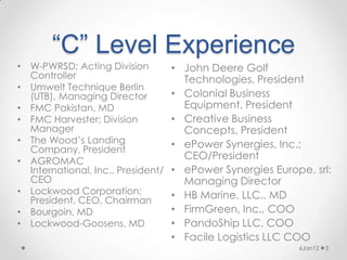 “C” Level Experience
• W-PWRSD; Acting Division          • John Deere Golf
  Controller                          Technologies, President
• Umwelt Technique Berlin
  (UTB), Managing Director          • Colonial Business
• FMC Pakistan, MD                    Equipment, President
• FMC Harvester; Division           • Creative Business
  Manager                             Concepts, President
• The Wood’s Landing                • ePower Synergies, Inc.;
  Company, President
• AGROMAC
                                      CEO/President
  International, Inc., President/   • ePower Synergies Europe, srl:
  CEO                                 Managing Director
• Lockwood Corporation;             • HB Marine, LLC., MD
  President, CEO, Chairman
• Bourgoin, MD                      • FirmGreen, Inc., COO
• Lockwood-Goosens, MD              • PandoShip LLC, COO
                                    • Facile Logistics LLC COO
                                                            6Jan12   3
 