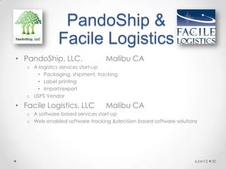 PandoShip &
               Facile Logistics
• PandoShip, LLC,                Malibu CA
   o A logistics services start-up
      • Packaging, shipment, tracking
      • Label printing
      • Import/export
   o USPS Vendor

• Facile Logistics, LLC          Malibu CA
   o A software based services start-up
   o Web enabled software tracking &decision based software solutions




                                                                    6Jan12   30
 