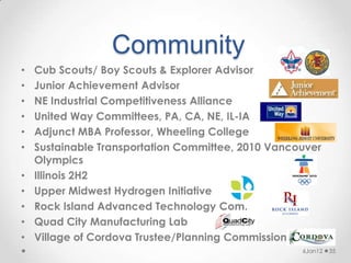 Community
•   Cub Scouts/ Boy Scouts & Explorer Advisor
•   Junior Achievement Advisor
•   NE Industrial Competitiveness Alliance
•   United Way Committees, PA, CA, NE, IL-IA
•   Adjunct MBA Professor, Wheeling College
•   Sustainable Transportation Committee, 2010 Vancouver
    Olympics
•   Illinois 2H2
•   Upper Midwest Hydrogen Initiative
•   Rock Island Advanced Technology Com.
•   Quad City Manufacturing Lab
•   Village of Cordova Trustee/Planning Commission
                                                    6Jan12   35
 