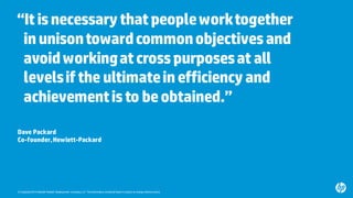 © Copyright2015 Hewlett-Packard Development Company, L.P. Theinformation contained herein issubject to change withoutnotice.
“Itisnecessarythatpeopleworktogether
inunisontowardcommonobjectivesand
avoidworkingatcrosspurposesat all
levelsifthe ultimateinefficiencyand
achievementisto beobtained.”
Dave Packard
Co-founder,Hewlett-Packard
 
