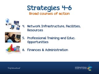 Strategies 4-6
Broad courses of action
4. Network Infrastructure, Facilities,
Resources
5. Professional Training and Educ.
Opportunities
6. Finances & Administration
 