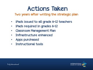 Actions Taken
Two years after writing the strategic plan
• iPads issued to all grade 6-12 teachers
• iPads required in grades 6-12
• Classroom Management Plan
• Infrastructure enhanced
• Apps purchased
• Instructional tools
 