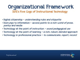 Organizational Framework
ISTE’s Five Cogs of Instructional Technology
• Digital citizenship - understanding rules and etiquette
• Doorways to information – access points to a rich world of prose,
poetry and media
• Technology at the point of instruction – sound pedagogical use
• Technology at the point of learning – a rich, robust, blended approach
• Technology in professional practice – to communicate, report, record
 