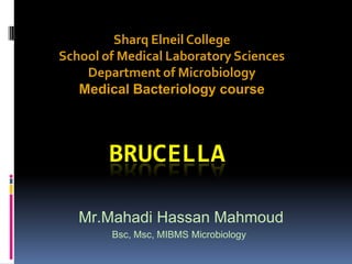 Sharq Elneil College
School of Medical Laboratory Sciences
    Department of Microbiology
   Medical Bacteriology course



        BRUCELLA

   Mr.Mahadi Hassan Mahmoud
        Bsc, Msc, MIBMS Microbiology
 
