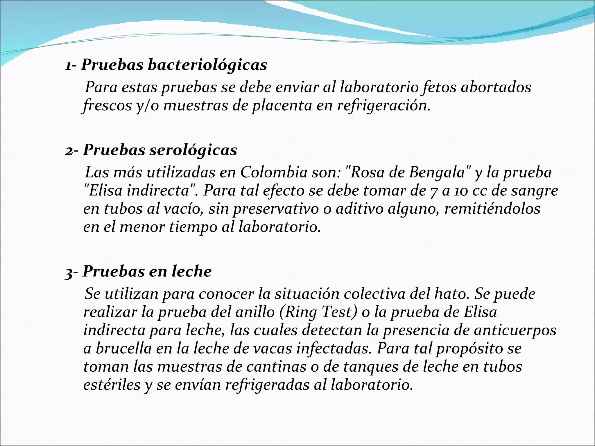 1-   Pruebas bacteriológicas Para estas pruebas se debe enviar al laboratorio fetos abortados frescos y/o muestras de placenta en refrigeración.   2- Pruebas serológicas  Las más utilizadas en Colombia son: "Rosa de Bengala" y la prueba "Elisa indirecta". Para tal efecto se debe tomar de 7 a 10 cc de sangre en tubos al vacío, sin preservativo o aditivo alguno, remitiéndolos en el menor tiempo al laboratorio.   3- Pruebas en leche Se utilizan para conocer la situación colectiva del hato. Se puede realizar la prueba del anillo (Ring Test) o la prueba de Elisa indirecta para leche, las cuales detectan la presencia de anticuerpos a brucella en la leche de vacas infectadas. Para tal propósito se toman las muestras de cantinas o de tanques de leche en tubos estériles y se envían refrigeradas al laboratorio. 