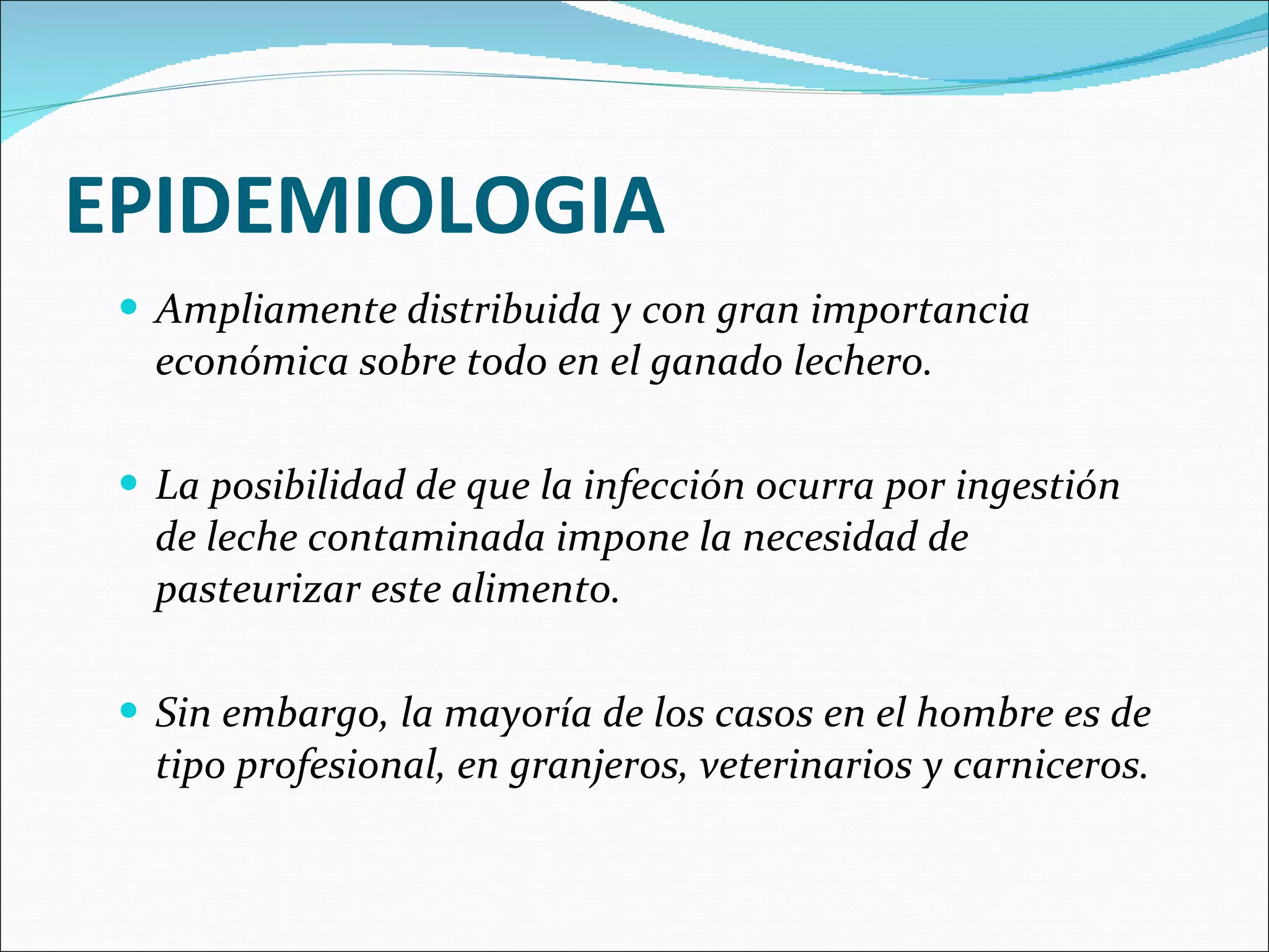 EPIDEMIOLOGIA Ampliamente distribuida y con gran importancia económica sobre todo en el ganado lechero. La posibilidad de que la infección ocurra por ingestión de leche contaminada impone la necesidad de pasteurizar este alimento. Sin embargo, la mayoría de los casos en el hombre es de tipo profesional, en granjeros, veterinarios y carniceros. 