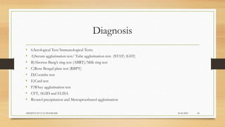 Diagnosis
• 6.Serological Test/Immunological Tests:
• A)Serum agglutination test/ Tube agglutination test- (STAT) (GST)
• B)Abortus Bang’s ring test (ABRT)/Milk ring test
• C)Rose Bengal plate test (RBPT)
• D)Coombs test
• E)Card test
• F)Whey agglutination test
• CFT, AGID and ELISA
• Rivanol precipitation and Mercaptoethanol agglutination
24-09-2020ABHIJITH SP CVAS POOKODE 24
 