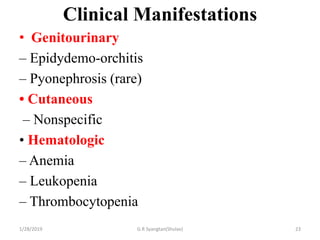 Clinical Manifestations
• Genitourinary
– Epidydemo-orchitis
– Pyonephrosis (rare)
• Cutaneous
– Nonspecific
• Hematologic
– Anemia
– Leukopenia
– Thrombocytopenia
1/28/2019 G.R Syangtan(Shulav) 23
 