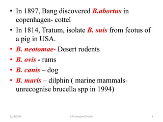 • In 1897, Bang discovered B.abortus in
copenhagen- cottel
• In 1814, Tratum, isolate B. suis from feotus of
a pig in USA.
• B. neotomae- Desert rodents
• B. ovis - rams
• B. canis – dog
• B. maris – dilphin ( marine mammals-
unrecognise brucella spp in 1994)
1/28/2019 4G.R Syangtan(Shulav)
 