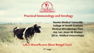 Practical Immunology and Serology
Lab.5: Brucella test (RoseBengal Test)
Hawler Medical University
College of Health Sciences
Clinical Biochemistry Dept.
Ass. Lec. Amer Ali Khaleel
(M.Sc. Medical Immunology)
 