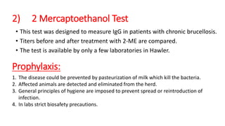 2) 2 Mercaptoethanol Test
• This test was designed to measure IgG in patients with chronic brucellosis.
• Titers before and after treatment with 2-ME are compared.
• The test is available by only a few laboratories in Hawler.
Prophylaxis:
1. The disease could be prevented by pasteurization of milk which kill the bacteria.
2. Affected animals are detected and eliminated from the herd.
3. General principles of hygiene are imposed to prevent spread or reintroduction of infection.
4. In labs strict biosafety precautions.
5. Education campaign.
 