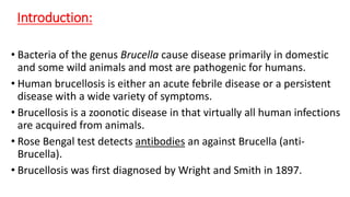 Introduction:
• Brucellosis is a worldwide zoonosis caused by the bacterial genus
Brucella.
• These organisms localize in ...